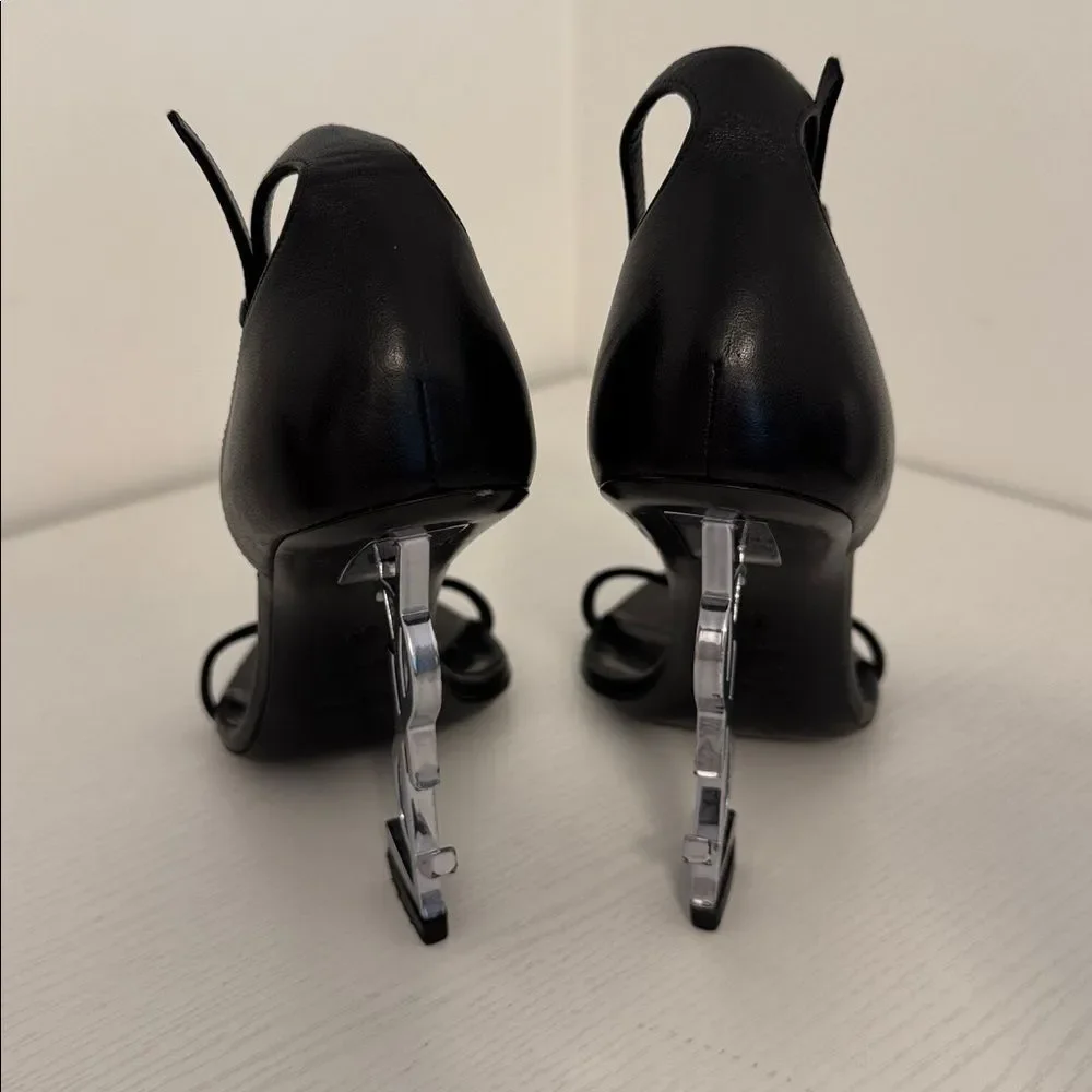 Saint Laurent Opyum YSL Logo Black Leather Silver High Heel Sandal EU 38 US 8 - Picture 5 of 10